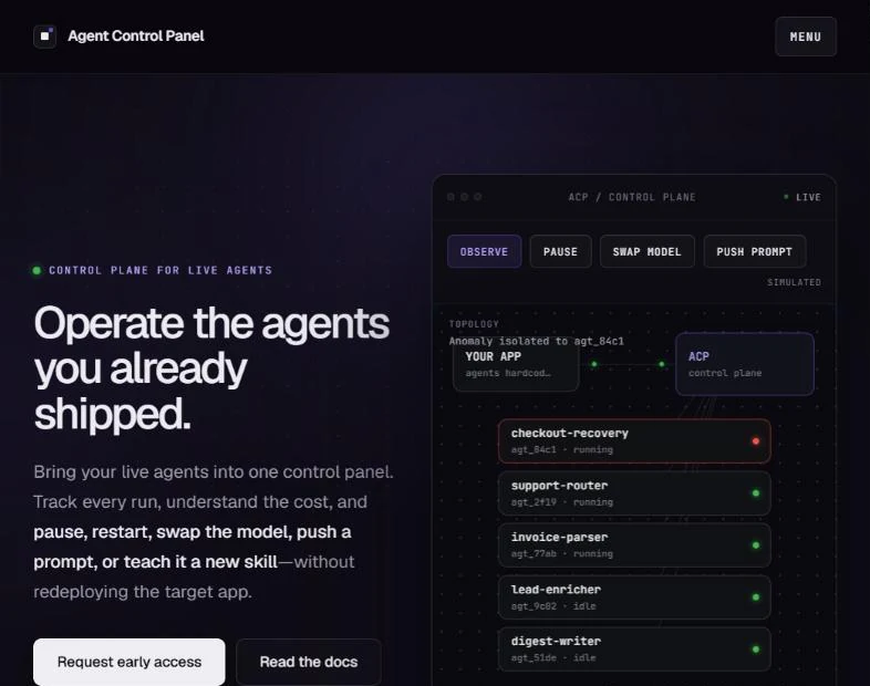 Agent Control Panel home page with its live control-plane view of agents